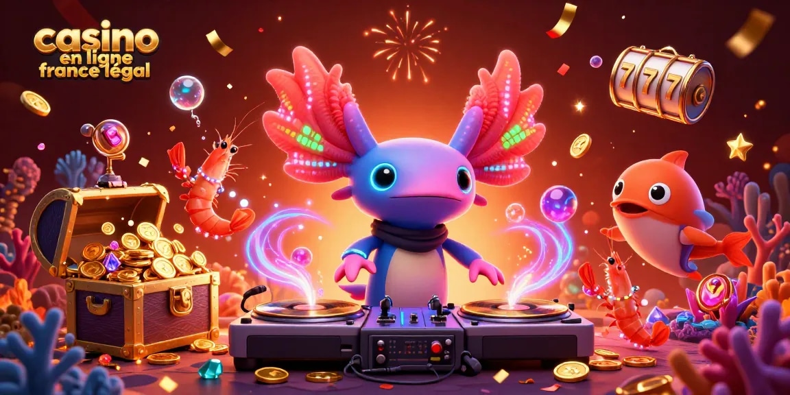 Découvrez le casino en ligne France légal avec une illustration de DJ axolotl vibrant et des éléments de machines à sous.