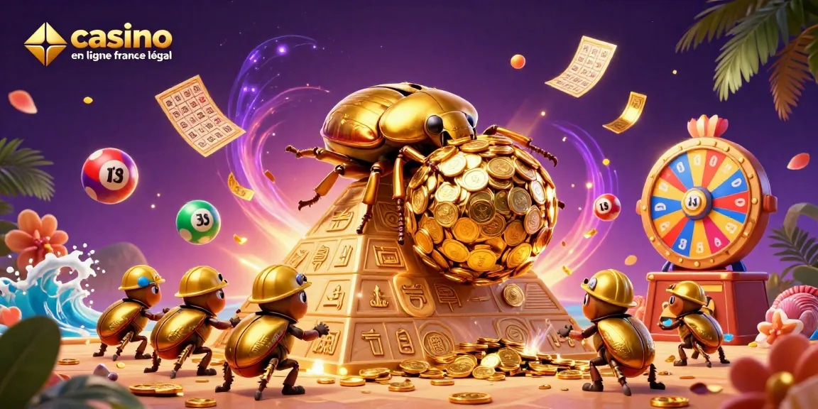 Découvrez le monde du casino en ligne France légal avec cette illustration d'un scarabée doré et des éléments de loterie.