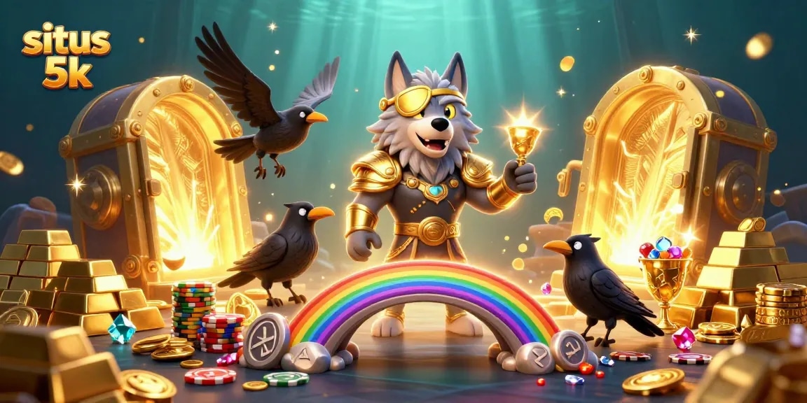 Engage with situs 5k slot games featuring dynamic Norse mythological elements and a vibrant treasure scene.