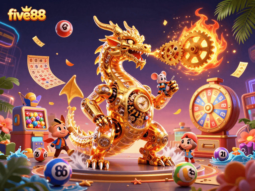 Experience excitement at five88 with colorful lottery elements and a dynamic dragon illustration.