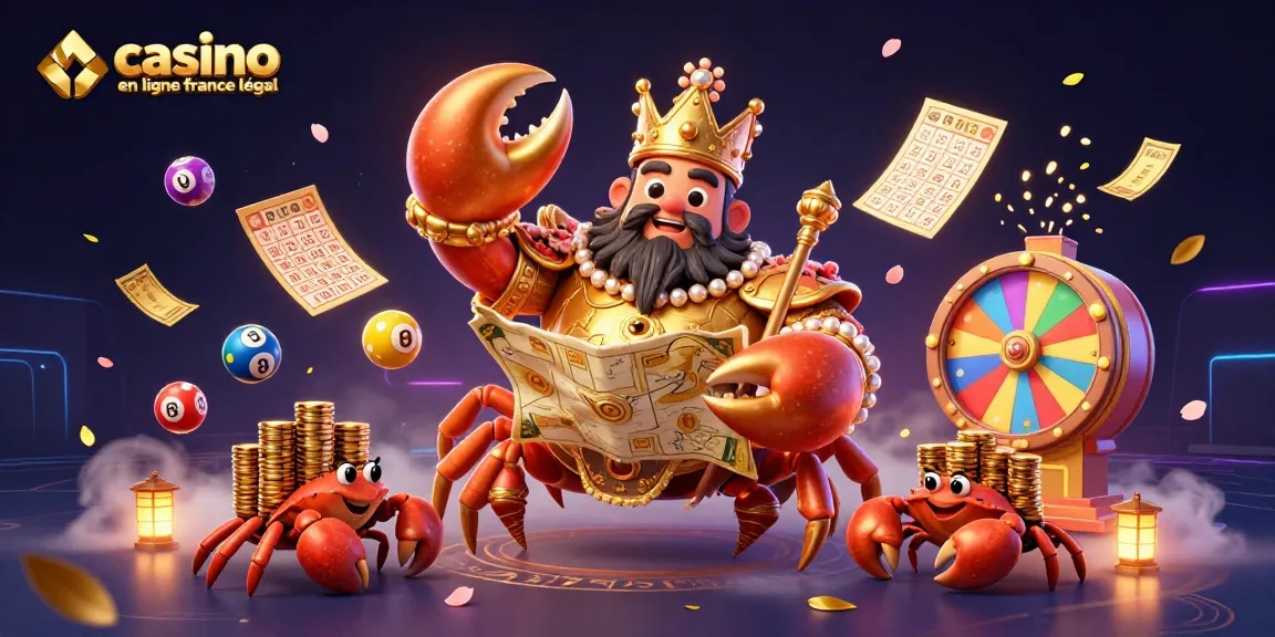 Illustration dynamique représentant un crab empereur en or avec des éléments de casino pour le mot-clé casino en ligne france légal.