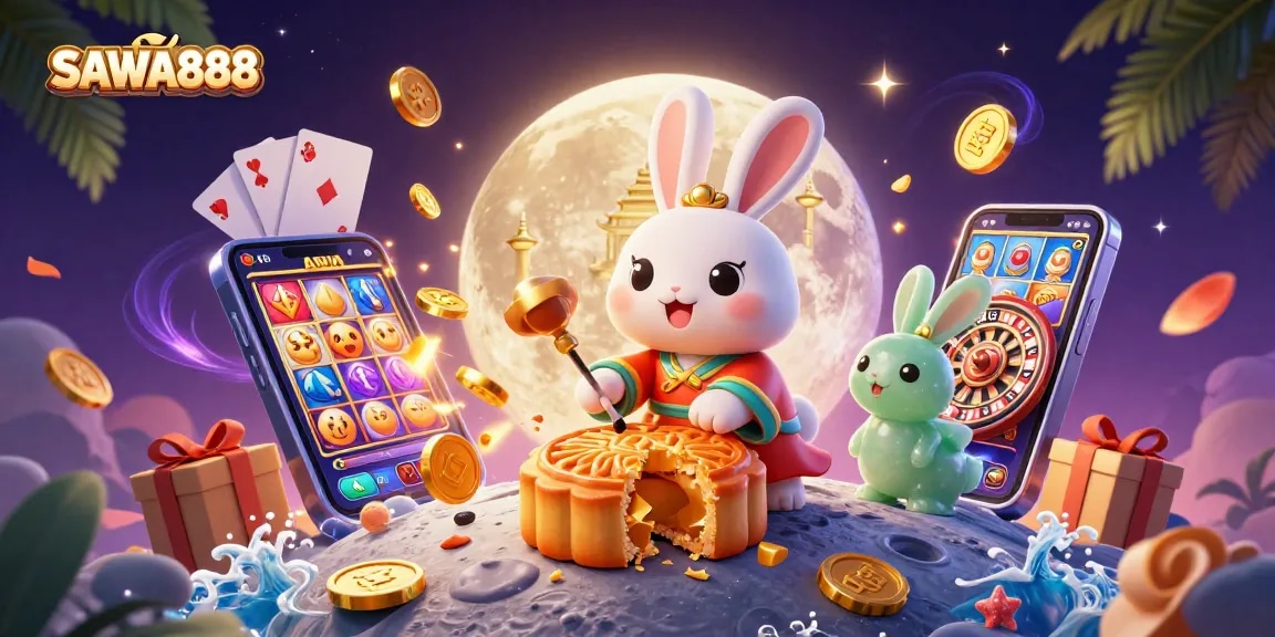 SAWA888 players enjoy exciting slots with a moon rabbit and golden coins in a festive casino illustration.
