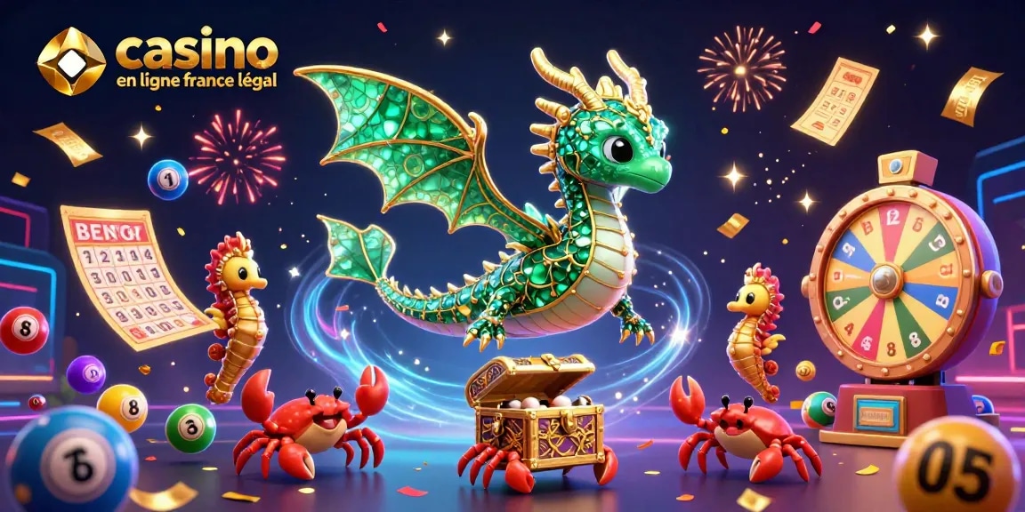 illustration dynamique du casino en ligne légal en France avec un dragon de mer et des éléments de loterie colorés