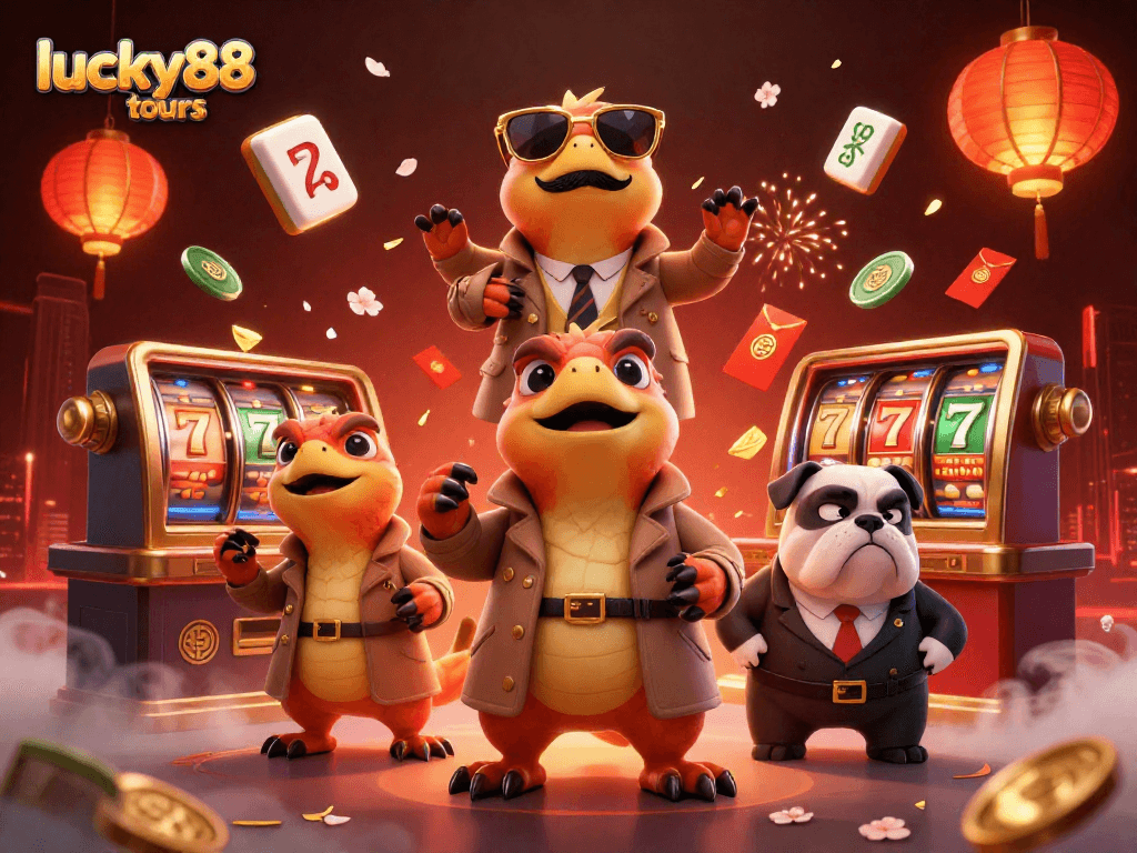 Experience lucky88 tours with lively raptors and vivid casino elements in this dynamic 3D illustration.