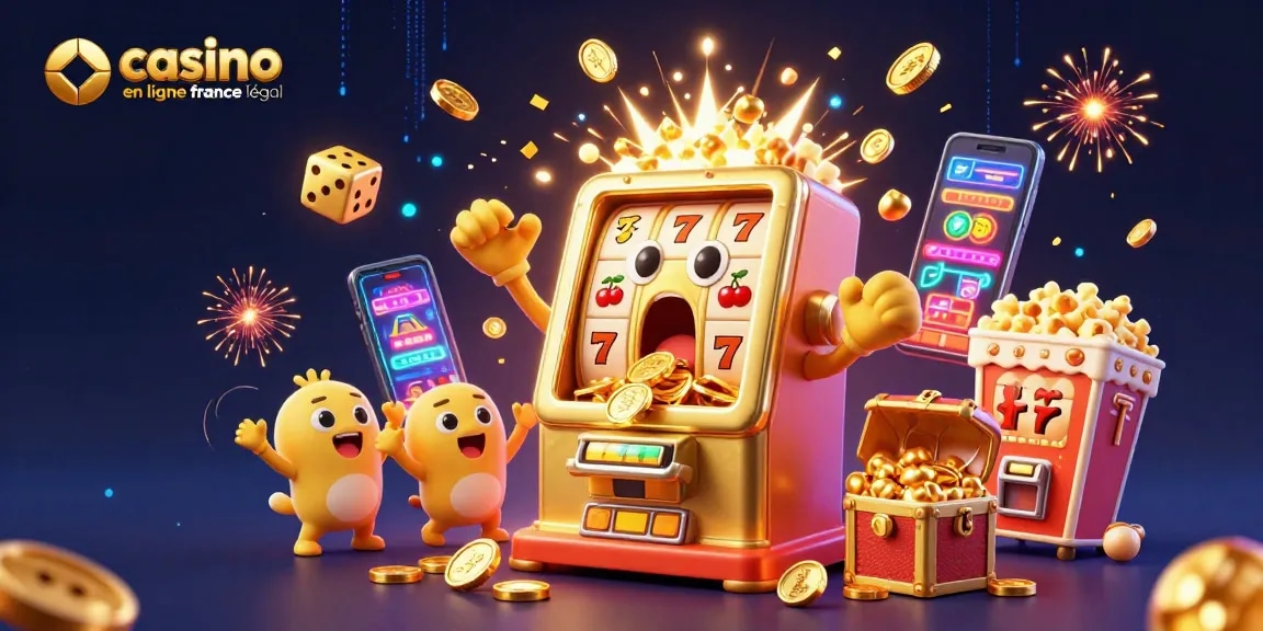 Illustration dynamique d'un casino en ligne France légal avec des machines à sous et des symboles de jackpot.