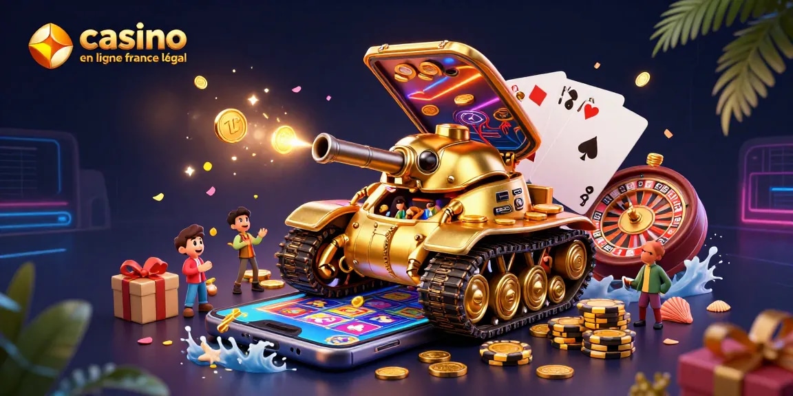 Illustration d'un tank scarabée doré avec un casino miniature à l'intérieur, mettant en avant le casino en ligne France légal.