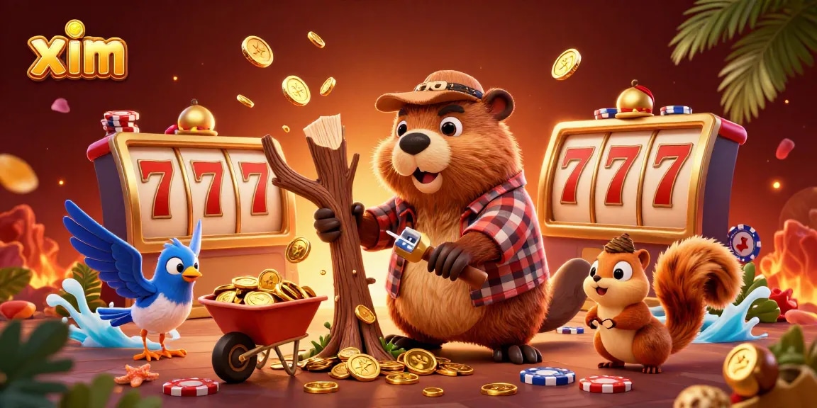 Spin to win with xim's exciting casino game illustration featuring characters collecting coins!