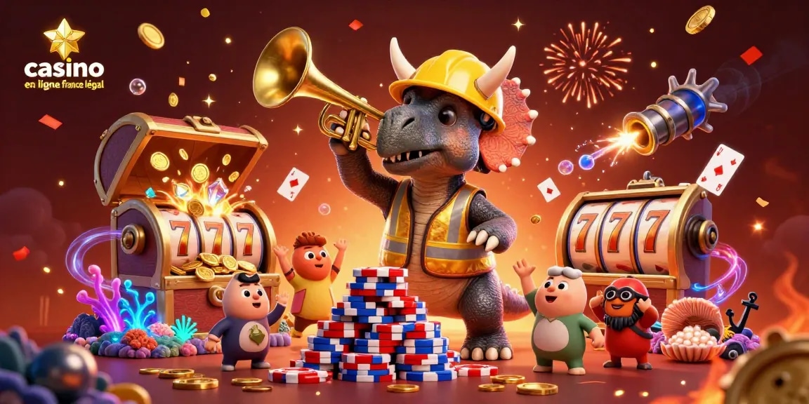 Jouez avec le casino en ligne France légal, illustration animée de dinosaures construisant un empire de poker