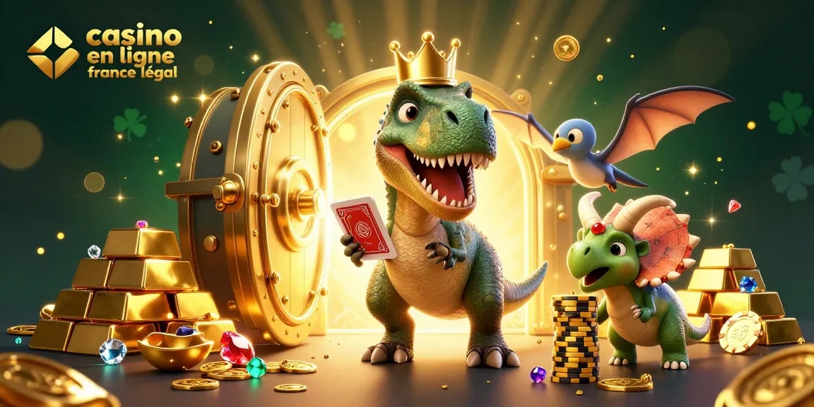 Illustration dynamique de casino en ligne France légal avec T-Rex jouant aux cartes et triceratops empilant des jetons d'or.