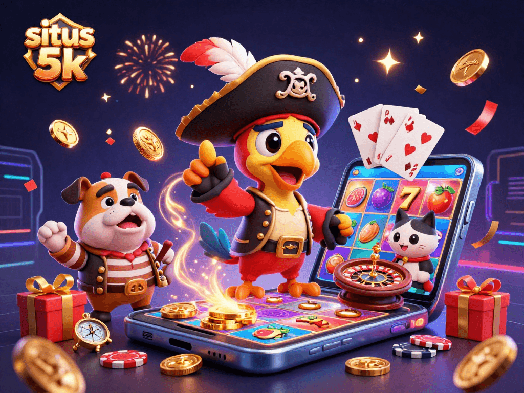 Engage with situs 5k slot gameplay featuring colorful slot reels, gold coins, and festive celebration.