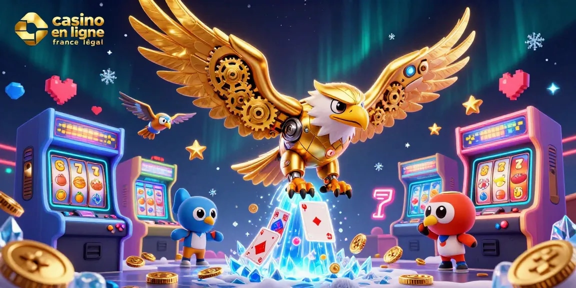 Jouer au casino en ligne France légal avec une illustration dynamique d'un aigle cybernétique et des machines à sous colorées