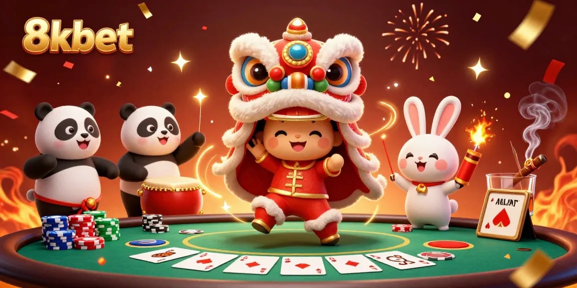 Win big with 8xbet's vibrant casino illustration featuring festive characters and poker excitement.