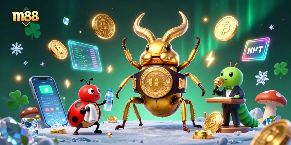 Experience thrilling m88 gambling battles in a vibrant 3D illustration featuring unique characters and crypto elements.