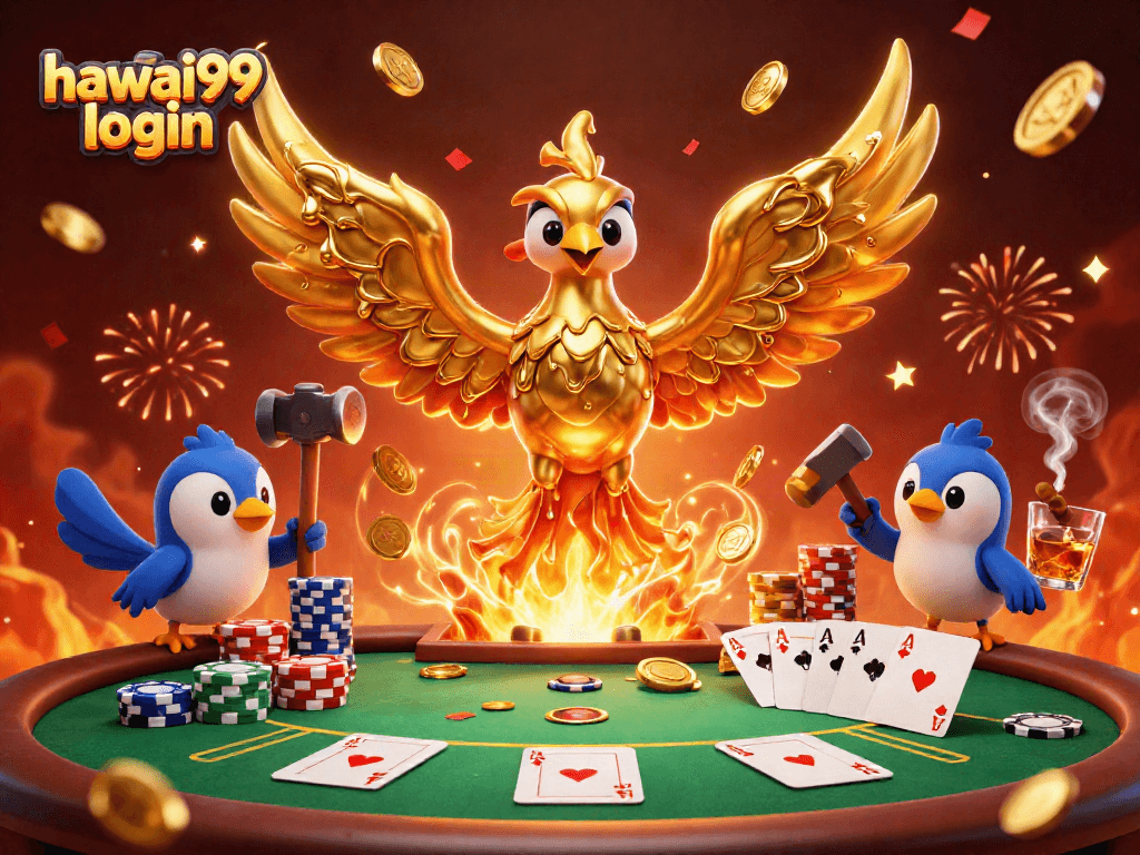 Experience thrilling hawai99 login adventures with an artistic depiction of casino elements and a golden phoenix.