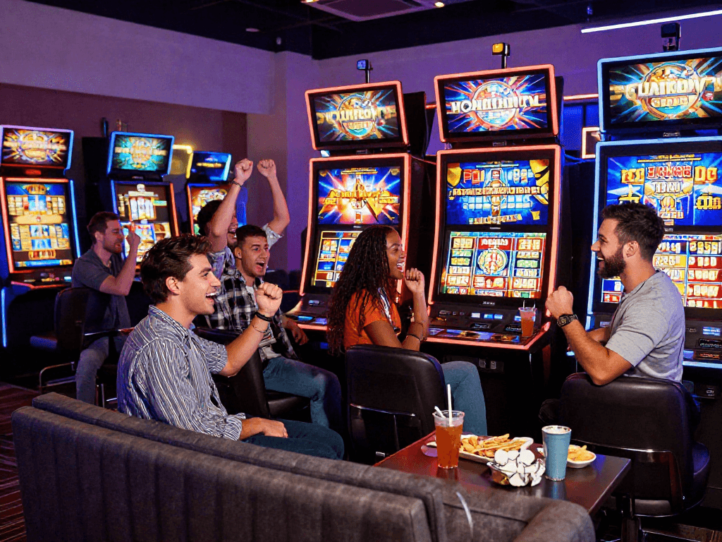 Friends celebrating a big win at a slot machine in a vibrant casino setting.