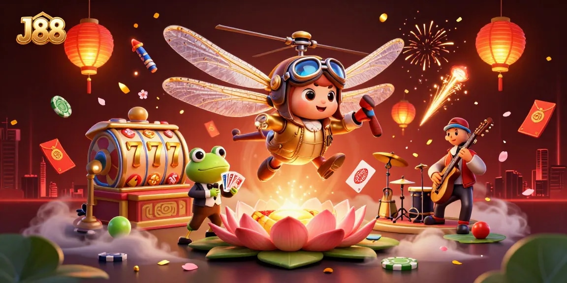 Experience the thrill of J88 with a colorful casino scene featuring a dragonfly pilot and frog dealer.