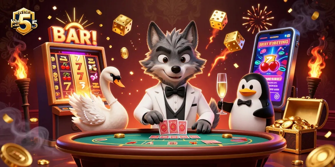 A vibrant ultra-detailed scene showcasing tỷ lệ kèo nhà cái 5 with a debonair wolf, elegant swan, and sophisticated penguin at a baccarat table, surrounded by dynamic casino game elements.