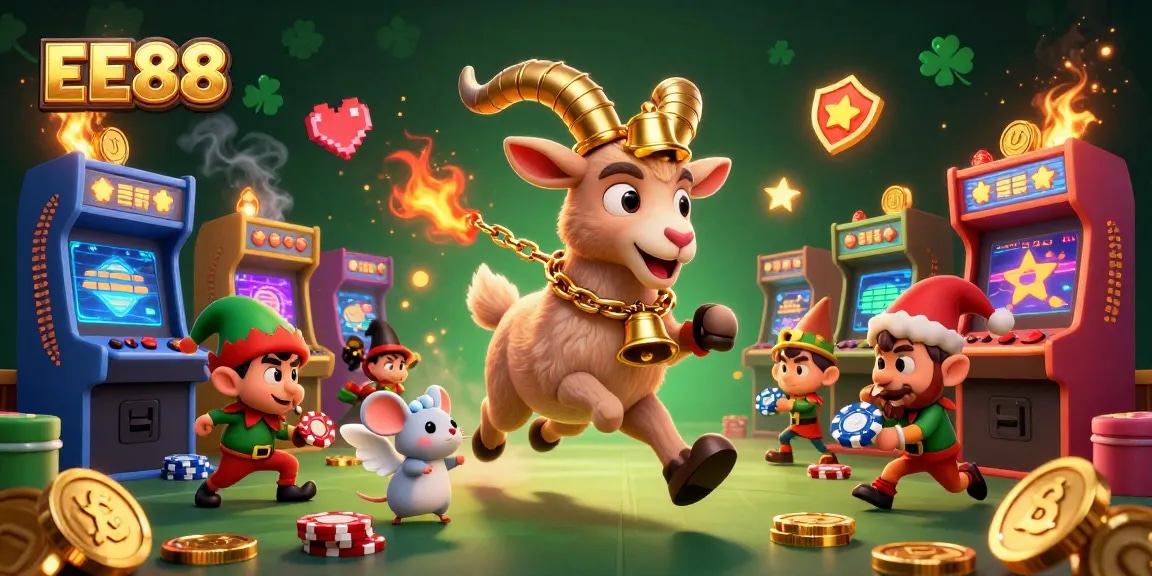 Experience exciting gameplay at EE88 with Krampus and fun casino elements in a vibrant illustration.