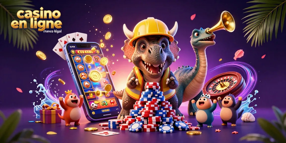 Casino en ligne France légal : un triceratops construisant une pyramide de jetons de poker avec des éléments de jeu vibrant autour.