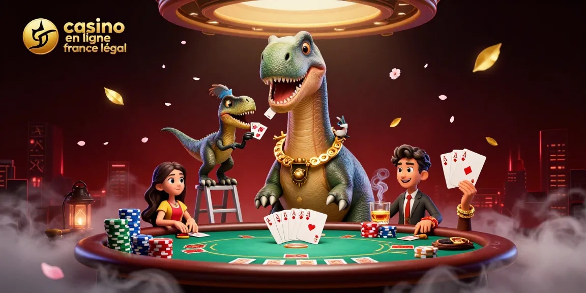Un brontosaurus géant observant une table de poker dans un casino en ligne légal en France, avec des cartes et des jetons colorés.