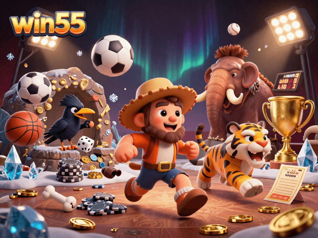 Experience exciting gameplay at win55 with a lively prehistoric casino scene featuring unique characters and dynamic sports elements.