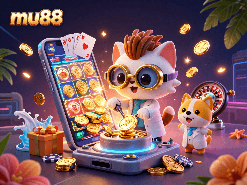 mu88 showcases an animated scene of a mad scientist cat creating gold coins amidst casino elements.