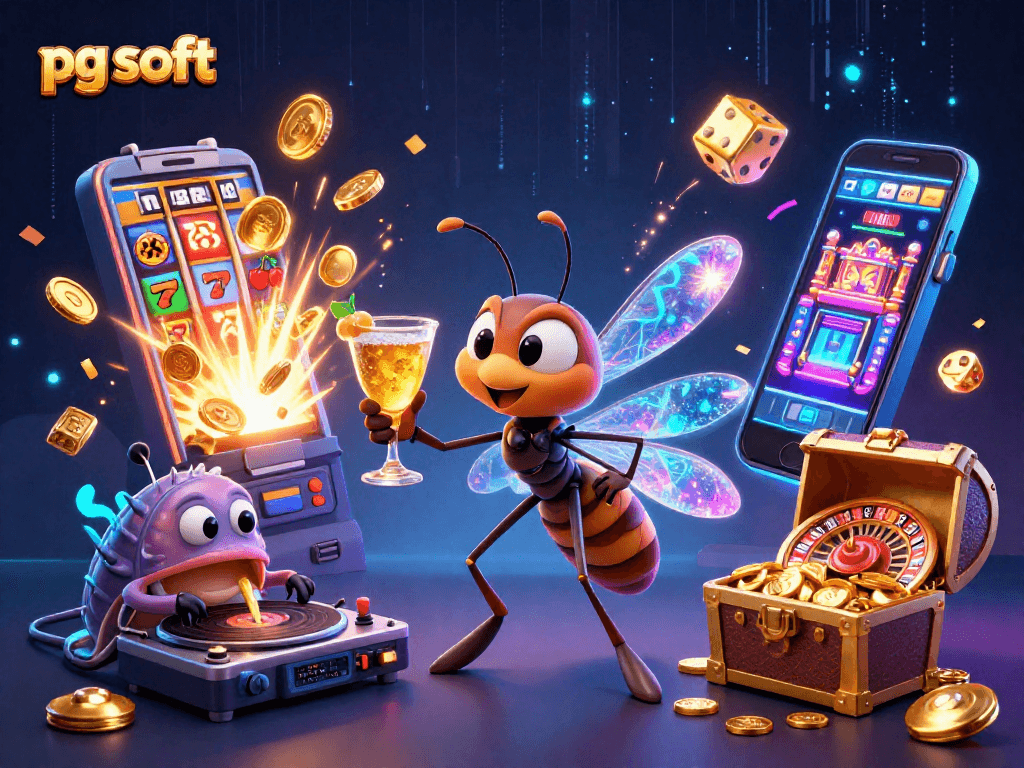Engage with pg soft’s vibrant casino experience featuring dynamic visuals of playful characters amidst epic gaming action.