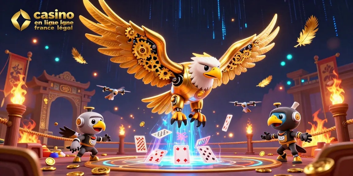 Vivez l'expérience incroyable des jeux avec le casino en ligne France légal entouré d'oiseaux cybernétiques et d'éléments de jeu.