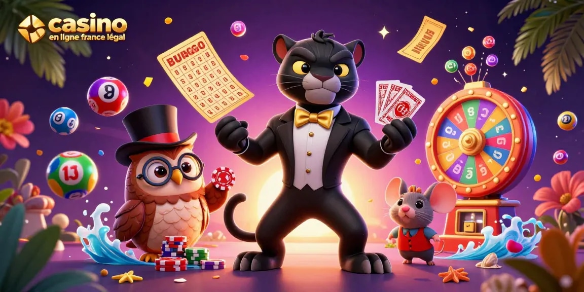 Illustration dynamique mettant en avant le mot-clé casino en ligne france légal avec un panthère jouant aux cartes.