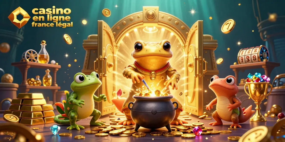 Illustration animée d'un alchimiste salamandre géante et ses assistants, symboles de jeux de casino pour "casino en ligne France légal".