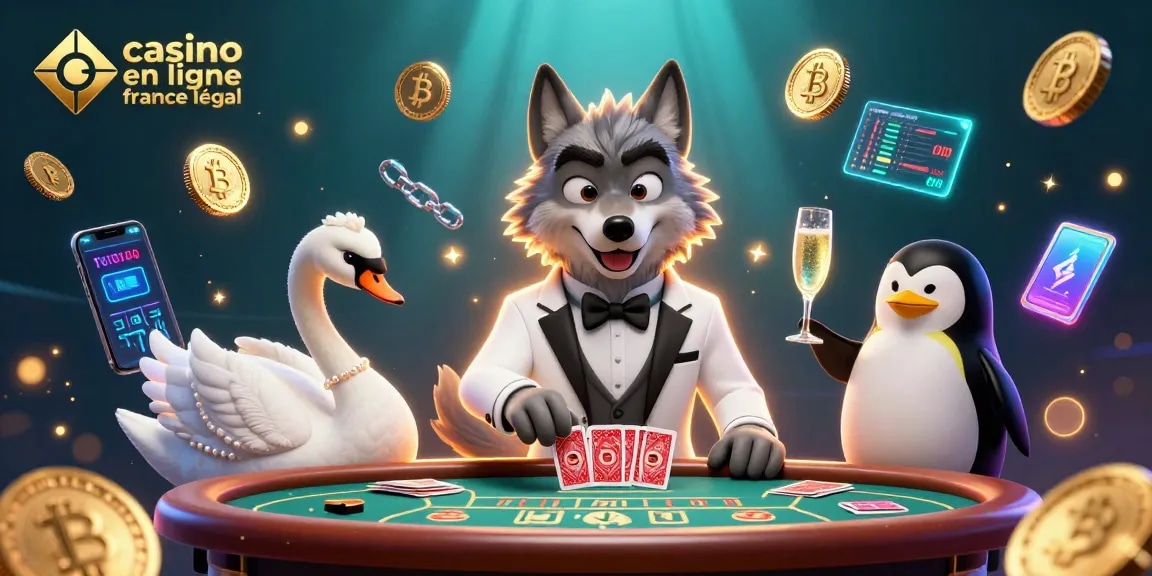 Jouez à casino en ligne France légal avec un loup élégamment vêtu au baccarat, entouré de crypto-monnaies.