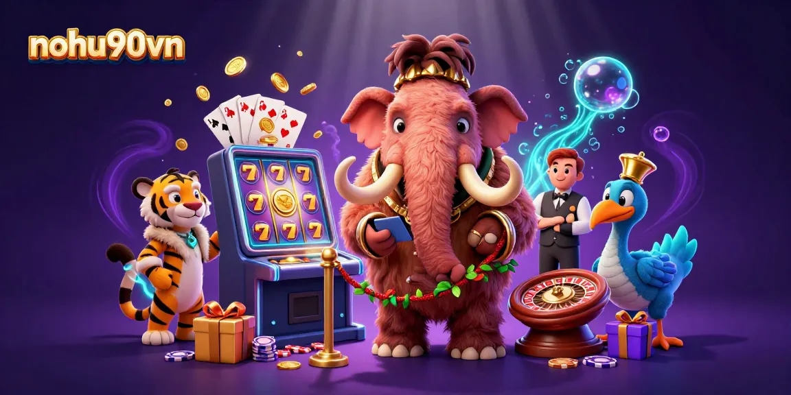 Experience excitement in nohu90vn's vibrant casino scene with dynamic slots and charming characters.