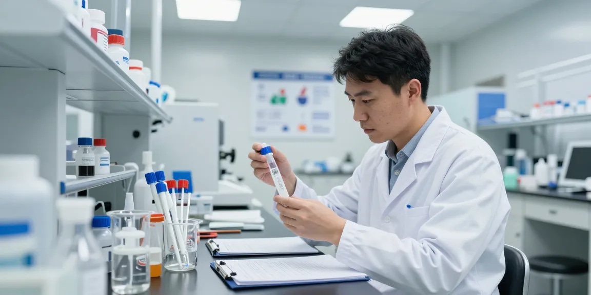 Researcher using a lyophilized peptide vial in a lab, examining peptide interactions with precision.