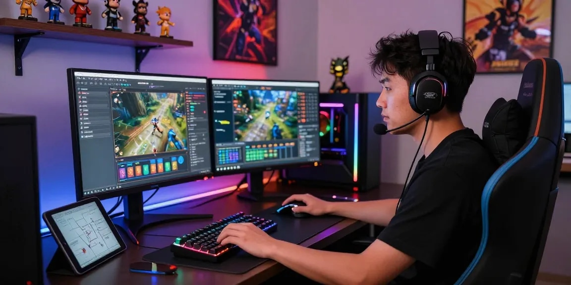 Engaging gaming workspace featuring NAGA2000 software, gaming gear, and vibrant RGB lighting.