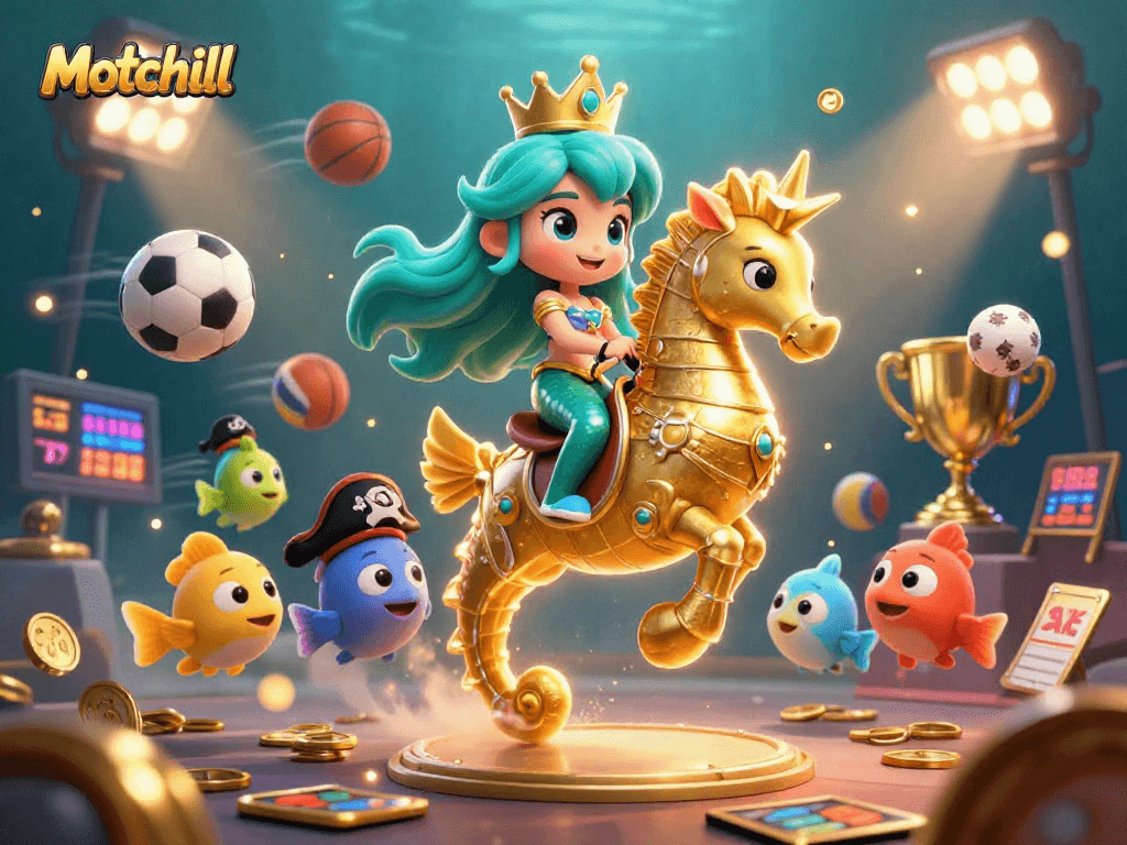 Experience the excitement of sports betting with Motchill's vibrant 3D casino scene featuring mermaid characters and dynamic elements.