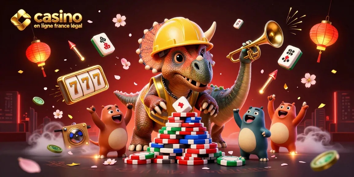 Une illustration joyeuse de casino en ligne légal en France avec un triceratops et des éléments de jeu.