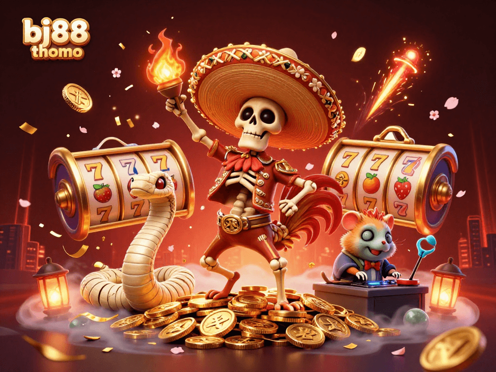 bj88 thomo showcases a lively 3D scene with a mariachi rooster and festive elements celebrating casino wins.