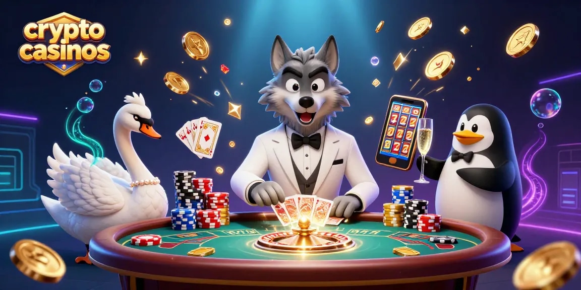 Des crypto casinos animés avec un loup, un cygne, et un pingouin dans une scène vibrante.
