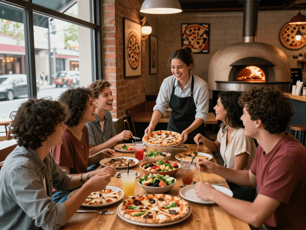 Friends sharing a pizza slot at a lively pizzeria with vibrant decor.