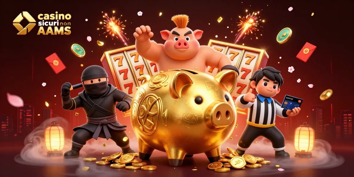 Gioca nei casinò sicuri non AAMS con il sumo dorato e gli elementi fortunati in un'illustrazione vivace.