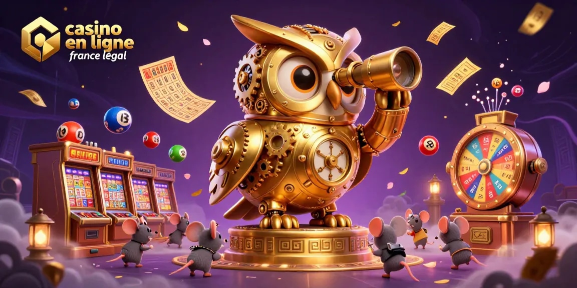 Des jeux de casino en ligne France légal sont mis en valeur avec un hibou d'horlogerie doré et des éléments ludiques.