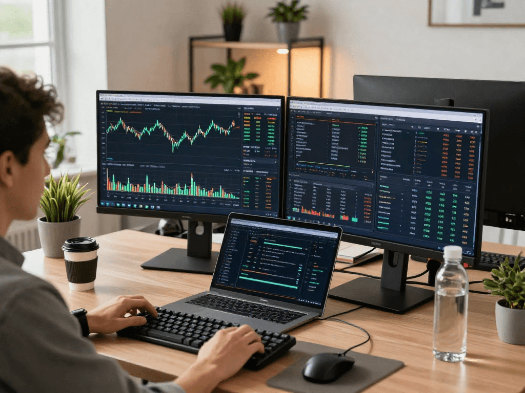 访问 metatrader 5 官网 的用户在现代办公环境中进行加密货币交易分析,多个显示屏上显示比特币和以太坊交易数据,突出技术创新与安全。