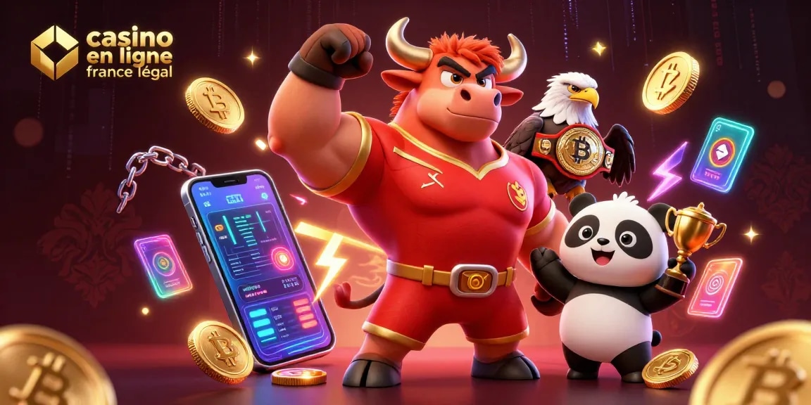 Un bull mascotte gagnant en jersey célébrant dans un casino en ligne France légal, entouré de monnaies crypto.