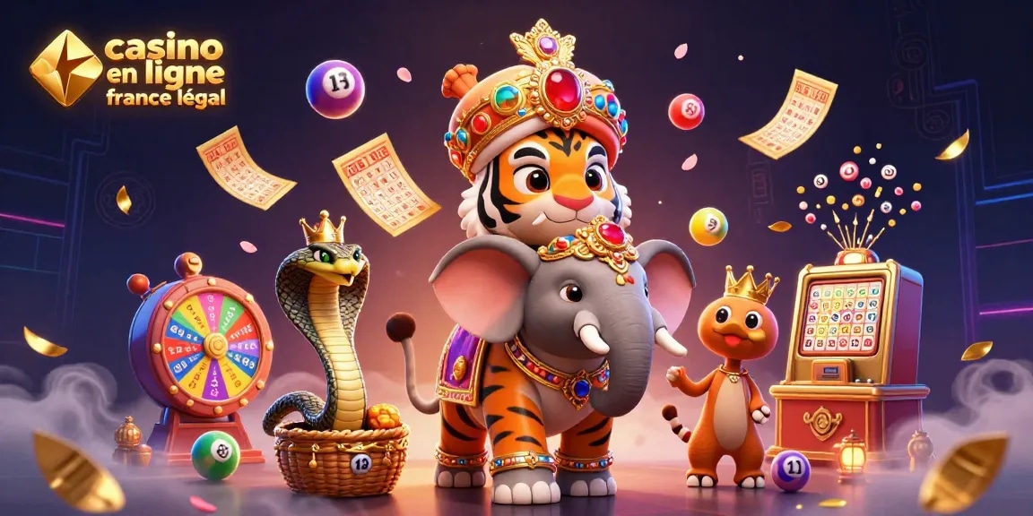 Jeux captivants au casino en ligne France légal avec un éléphant chatoyant, loterie et ambiance festive.