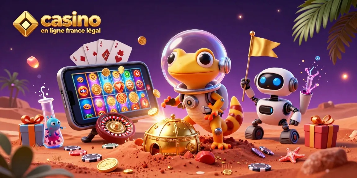 Découvrez le casino en ligne France légal avec un gecko martien et un robot dans une scène d'aventure ludique