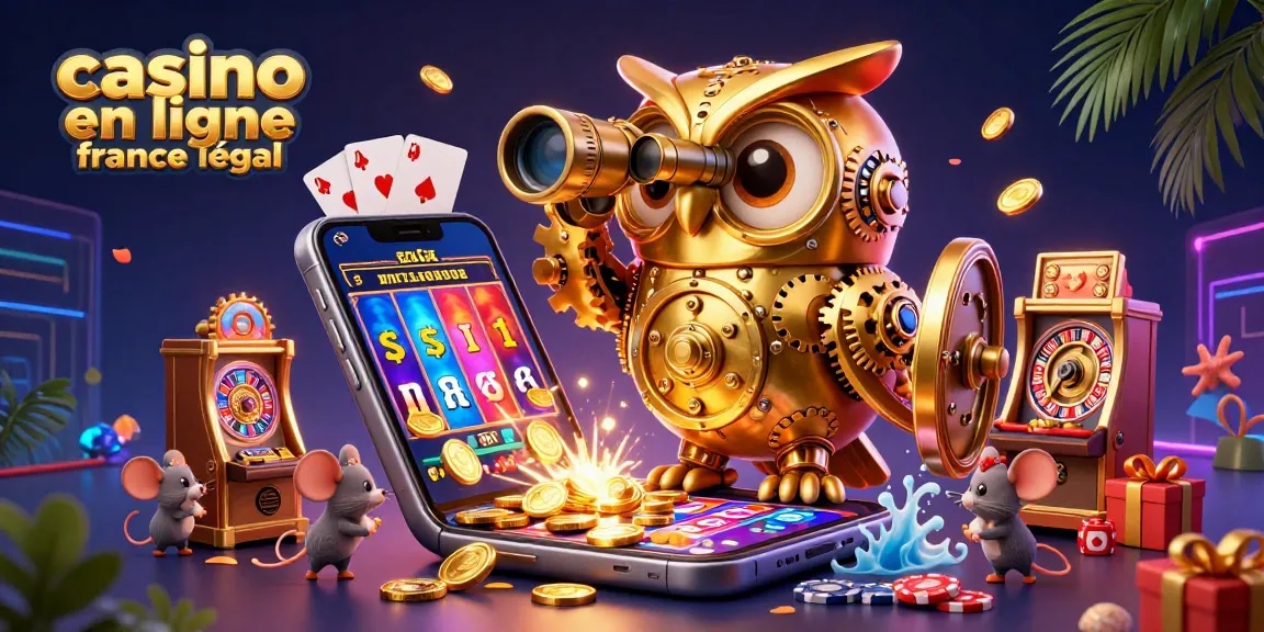 Profitez des jeux de casino en ligne France légal avec une illustration dynamique d'une chouette dorée et des souris jouant aux machines à sous.