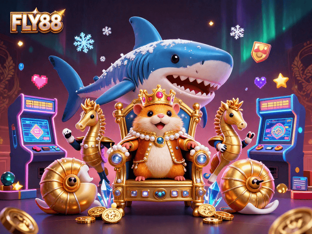 FLY88 offers vibrant casino gaming with a golden hamster king and colorful arcade elements.