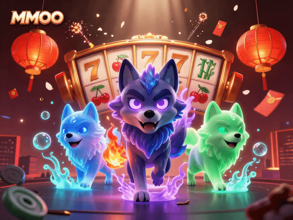 MMOO slot gaming action featuring mystical wolves and vibrant casino symbols.