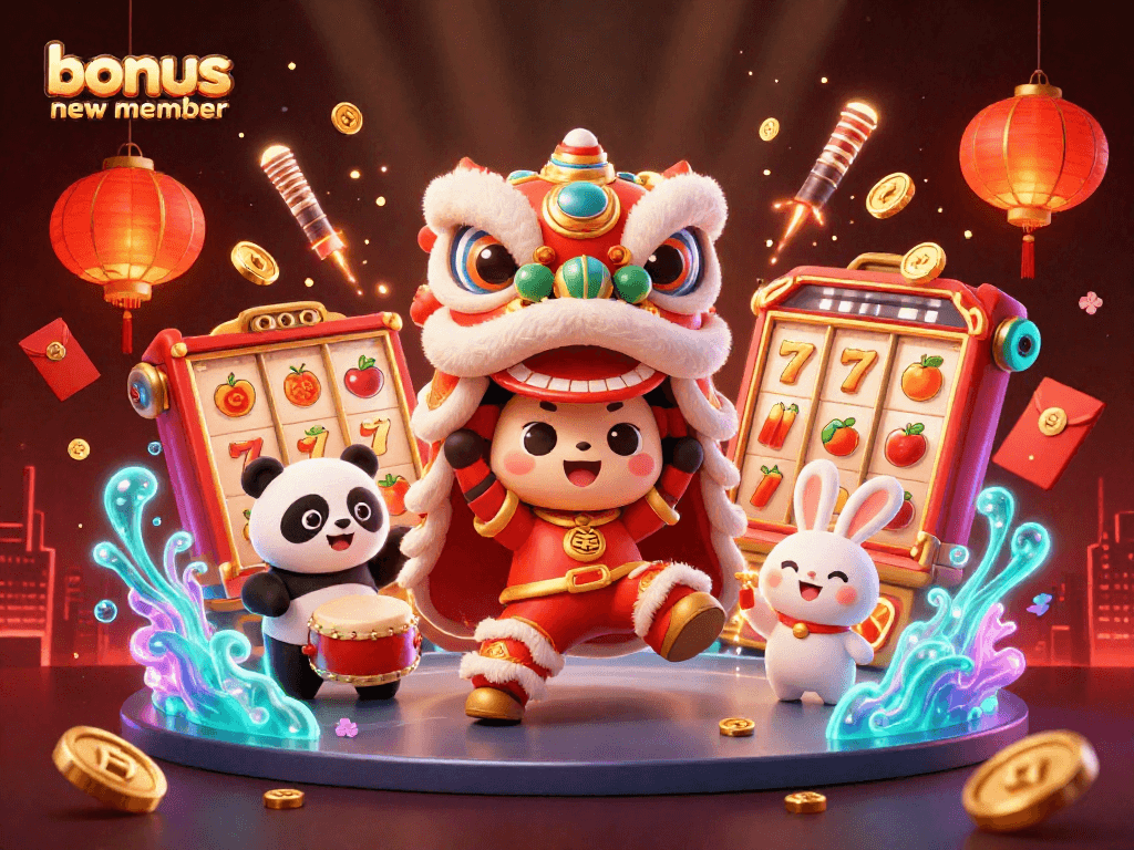 Watch the exciting bonus new member event unfold with slot reels, lucky symbols, and festive characters.