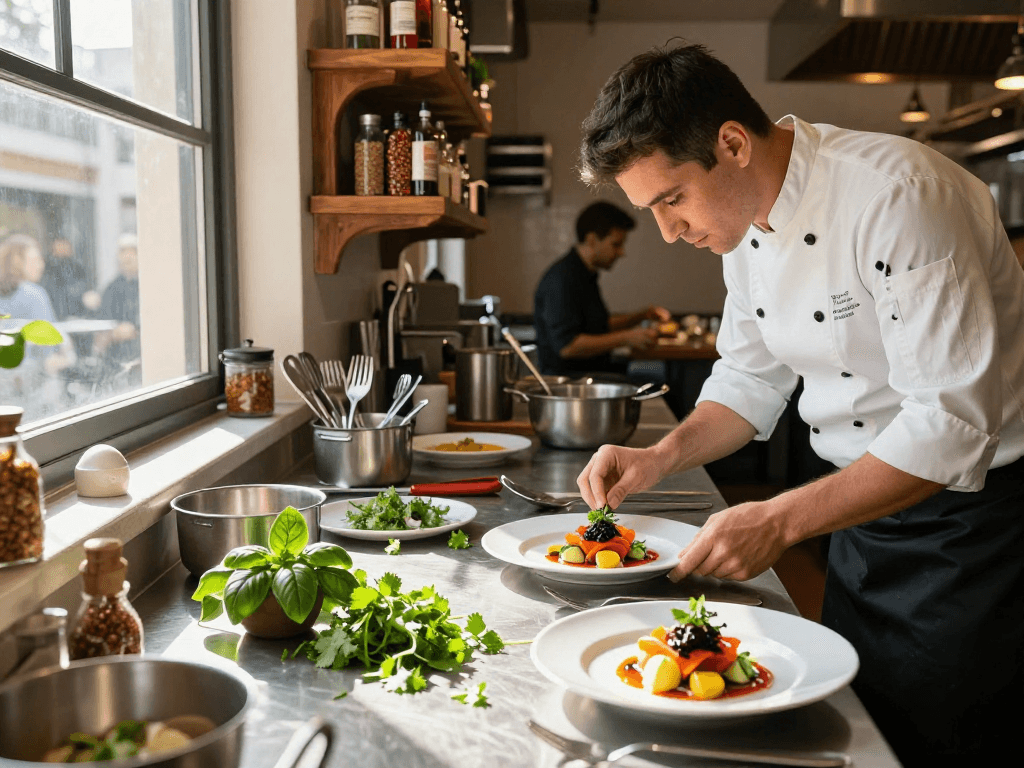 Chef designs gourmet dishes in a busy kitchen, emphasizing the slot in local dining.